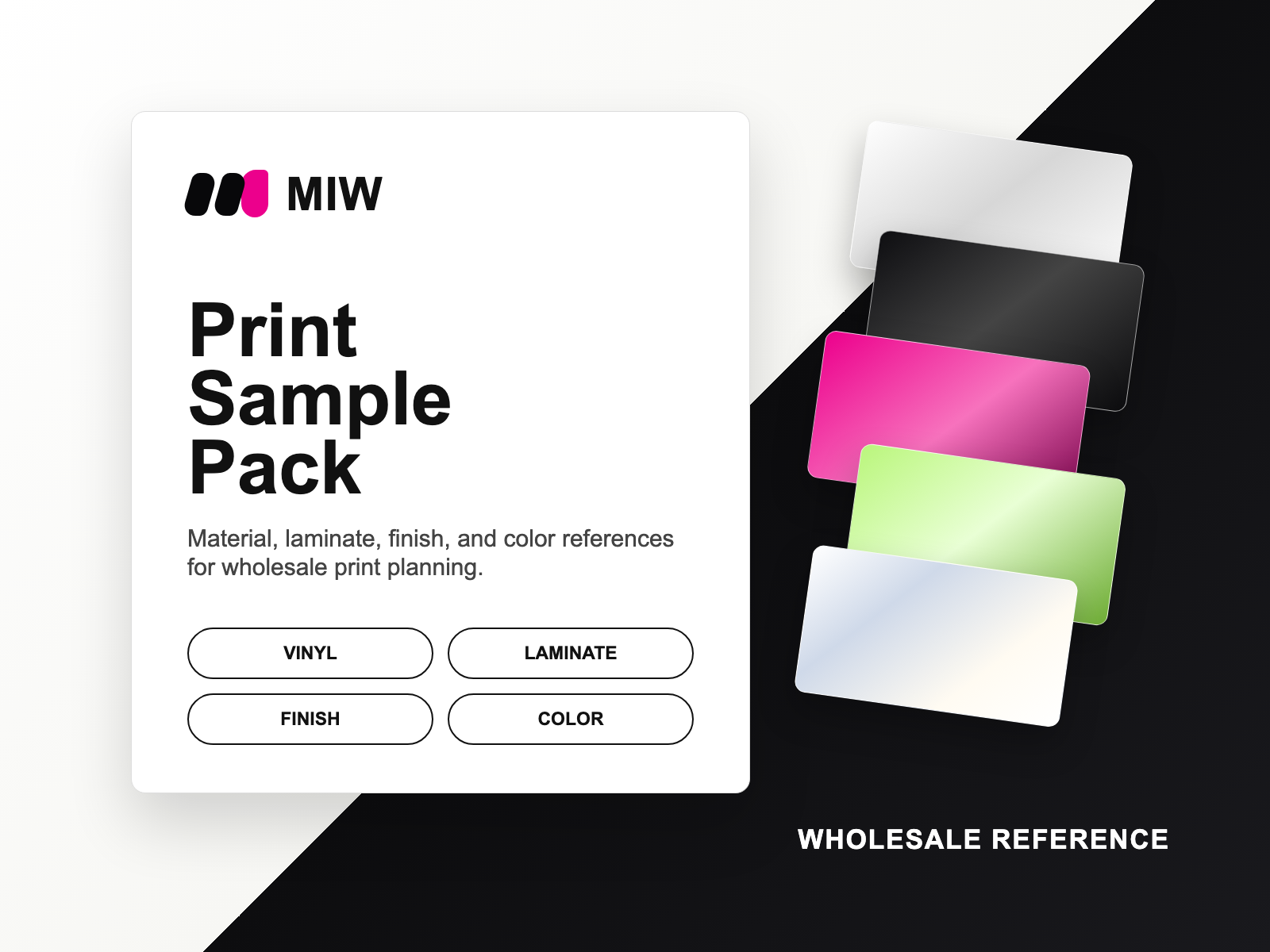 MotoInkWorks print sample pack with material, laminate, finish and color references