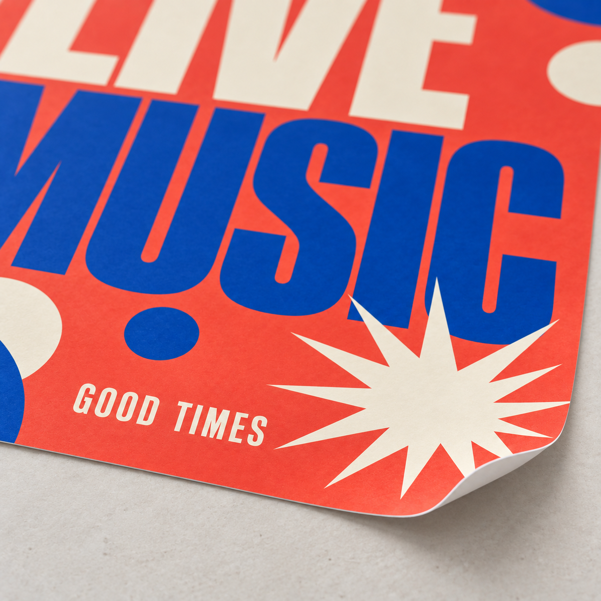 AI-generated illustrative close-up of a standard paper live music poster with a gently curled corner