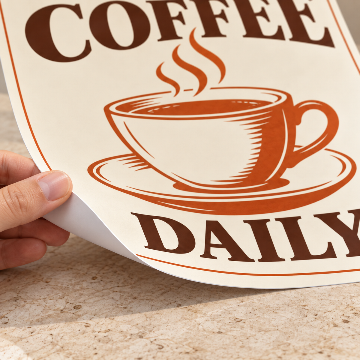 AI-generated illustrative close-up of a flexible PVC coffee sign gently curved in a hand