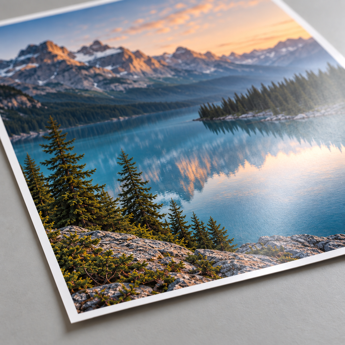 AI-generated illustrative close-up of an alpine lake photo print showing a soft satin sheen