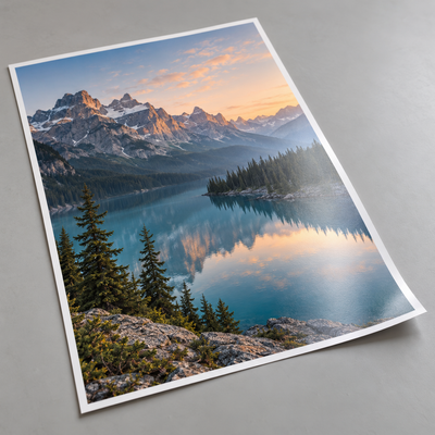 AI-generated illustrative view of an alpine lake photograph printed on premium satin paper