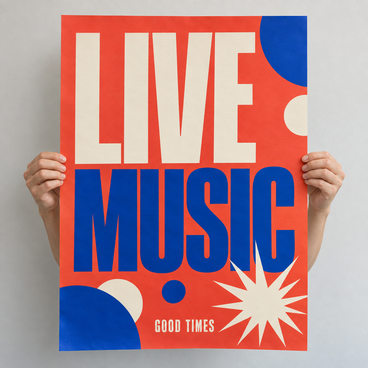 AI-generated illustrative view of a standard paper poster with a red and blue live music design